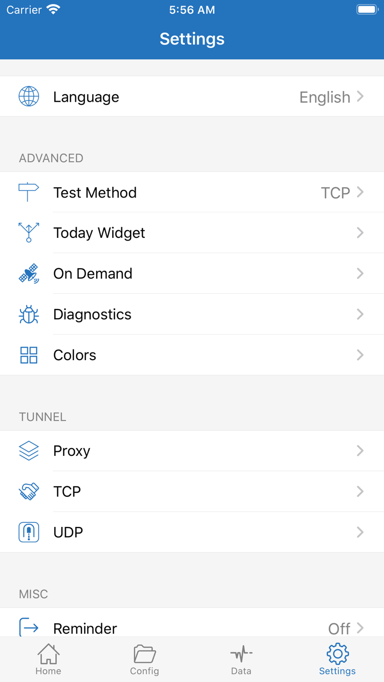 Shadowrocket’s Settings screen, showing Language, Test Method, Today Widget, On Demand, Diagnostics, and the Proxy, TCP, and UDP settings