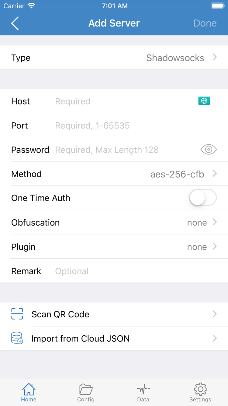 Shadowrocket公式Add Server画面のスクリーンショット。Type、Host、Port、Password、Method、Scan QR Code、Import from Cloud JSONを表示