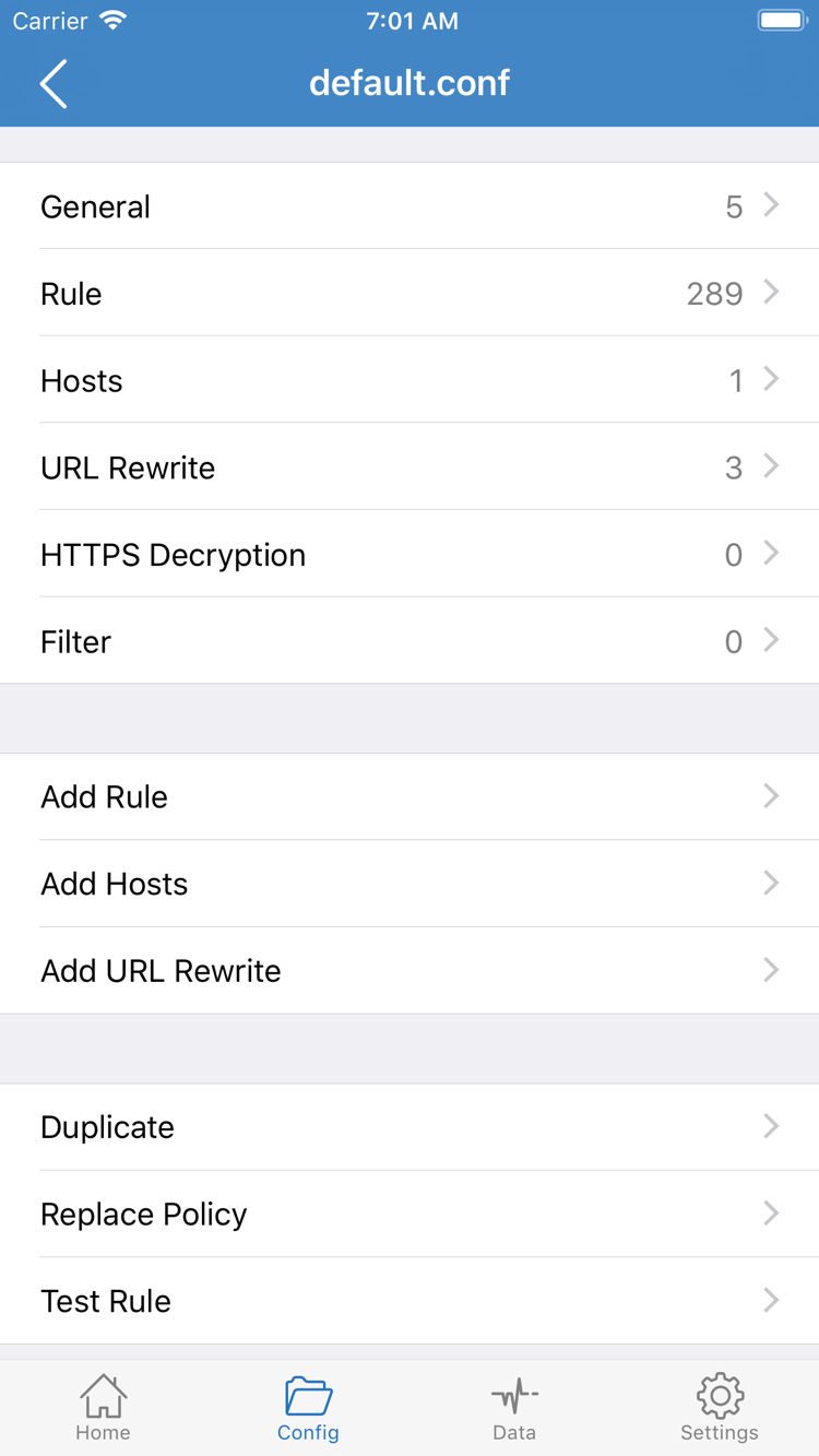 Shadowrocket’s Config editor, showing the General, Rule, Hosts, URL Rewrite, and HTTPS Decryption sections, plus the Add Rule option