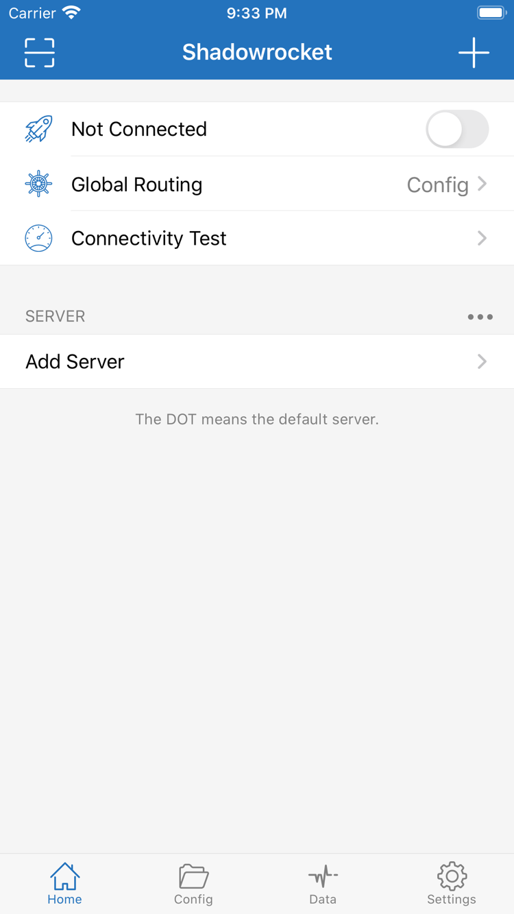 Shadowrocket公式Home画面のスクリーンショット。Not Connected、Global Routing、Connectivity Test、SERVER、Add Serverを表示